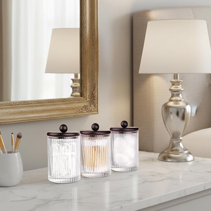 SheeChung 2 Pack Ribbed Glass Qtip Holder with Bronze Metal Lids | Apothecary Jars Bathroom Organizer Countertop Vanity Canister Set for Cotton Swabs, Rounds, Floss Picks-Modern Luxury Decor