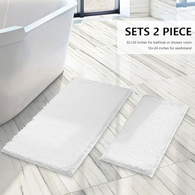 BOANKODU White Bathroom Rugs Sets 2 Piece, Soft Chenille Bath Mat Absorbent Bathroom Rug, Bathroom Mat with PVC Non-Slip Bottom, Machine Washable Bath Rugs (32x20 Inch + 24x16 Inch, White)