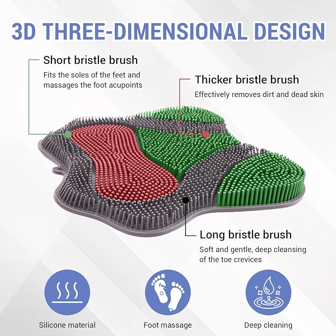 Silicone Foot Scrubber Mat for Shower Bath Foot and Back, Shower Feet Brush Pad with Wall-Mounted Suction Cups