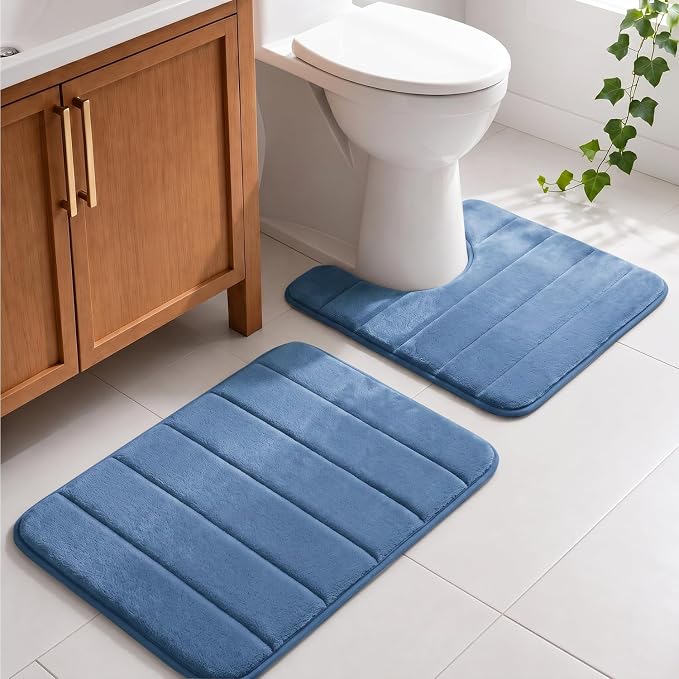 Memory Foam Bathroom Rugs Sets 2 Piece - Super Soft Absorbent Quick Dry Memory Foam Bathroom Rugs, Machine Washable Non Slip Floor Carpet for Tub Shower & Single Sink 16x24 & 20x20,(Deep Blue)