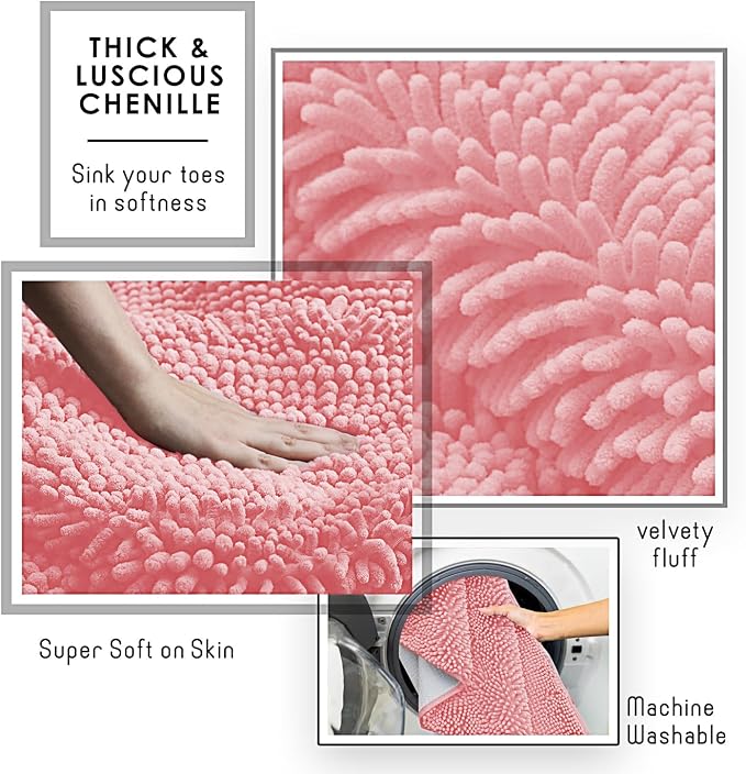 Hearth & Harbor Bathroom Rugs, Chenille Bath Mat - Machine Washable Bath Mats for Bathroom Non-Slip Backing Rubber, Quick Dry Bathroom Mat, 20 x 32 - Pink