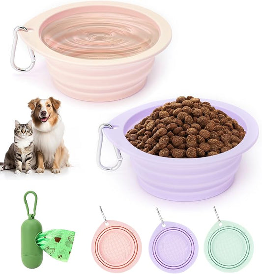 3 Pack Collapsible Dog Bowls,Portable Silicone Travel Dog Bowls | 2 Pet Bowl with 1 Poop Bag Dispenser Set,Portable Water&Food Bowl for Dog Walking,Hiking,Camping,Outdoor Travel (Pink&Purple)