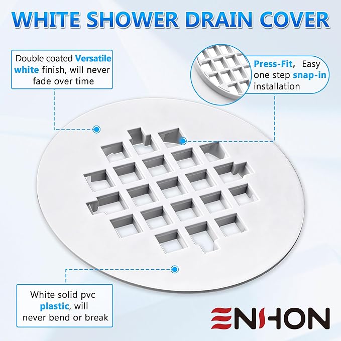 Enhon 2 Pack 4-1/4 Snap in Shower Drain Cover, Round Strainer Drain Grid, Bathroom Shower Grate Cap Replacement for Hair Catcher (White,PVC Plastic)