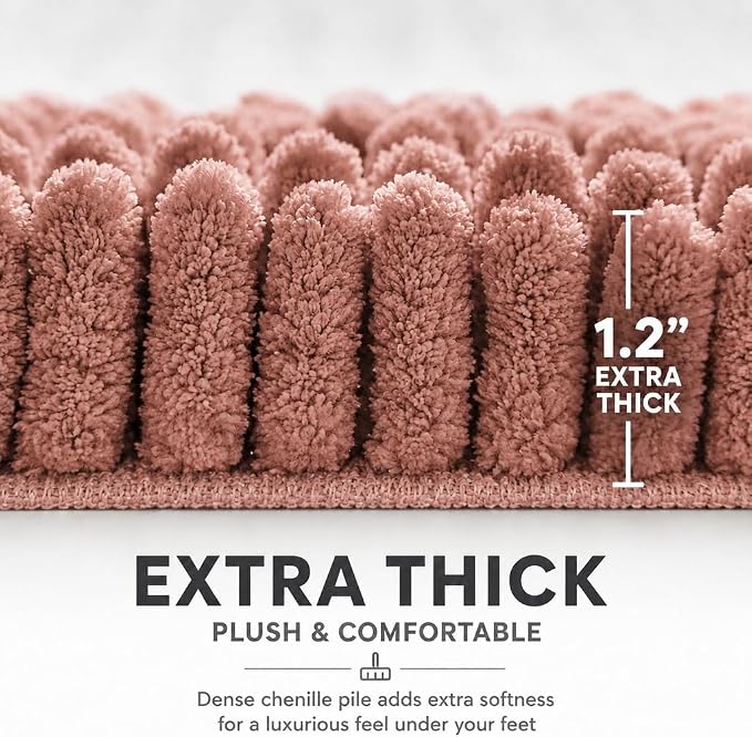 Bathroom Rugs Sets 2 Piece,Super Absorbent Soft,Thick,Machine Washable Chenille Bath Mat,Non Slip Toilet Floor Rug,Bath Mats for Bathroom,20x32 Plus 20x20 U Shape,Dusty Rose