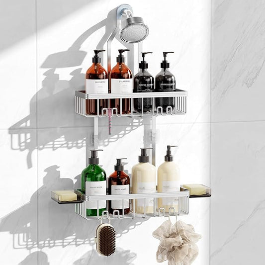 Shower Caddy Hanging, Never Rust Shower Organizer Hanging, Aluminum Shower Racks for Inside Shower with Hooks for Razor, Bathroom Organizers and Storage with Soap Holder, Bright Silver