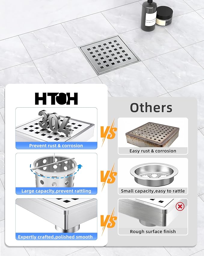 4 Inch Shower Drain, Modern 304 Stainless Steel Square Shower Drain for Bathroom, Brushed Nickel Shower Floor Drain with Grate Removable, Hair Strainer