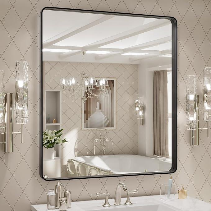LOAAO 32x36 Inch Black Bathroom Mirror Metal Framed | Matte Black, Rounded Rectangle, Anti-Rust, Tempered Glass, Hangs Horizontally or Vertically, Wall-Mounted