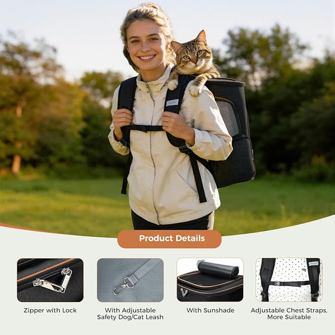 Lekereise Pet Carrier Backpack Expandable Cat Backpack Carrier for Small Dogs Large Cats Puppies, Dog Backpack Carrier for Hiking Travel Outdoor Hold Pets Up to 20 25 Lbs, Black