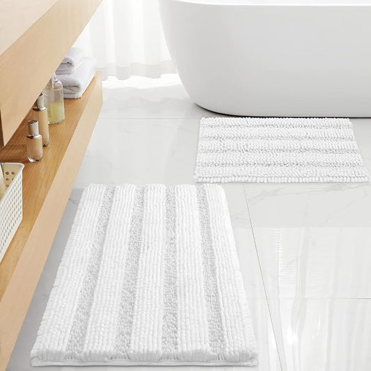 Non Slip Thick Shaggy Chenille Bathroom Rug Sets 2 Piece, Thickened Hot Melt Rubber Bottom Bath Mats for Bathroom, Bath Rugs Quick Dry Machine Washable for Shower (White, 32"x20" Plus 17"x24")