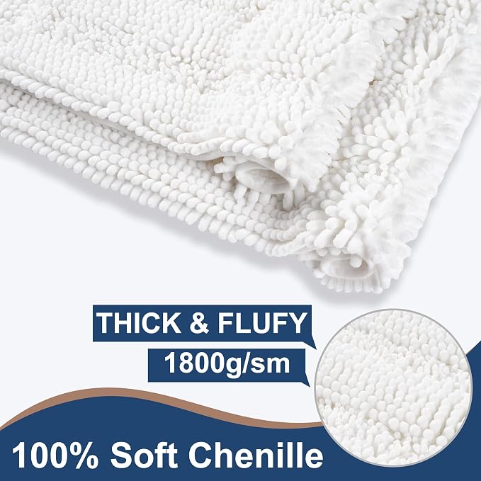 Non Slip Thick Shaggy Chenille Bathroom Rug Sets 2 Piece, Thickened Hot Melt Rubber Bottom Bath Mats for Bathroom, Bath Rugs Quick Dry Machine Washable for Shower (White, 32"x20" Plus 17"x24")