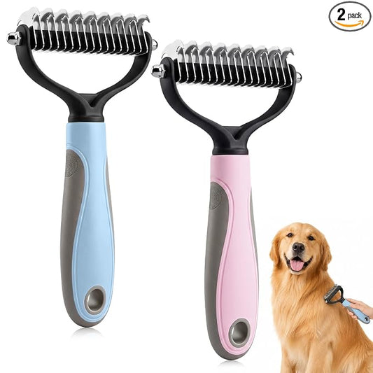2Pcs Pet Grooming Brush, Pet Knotter Dog Grooming, Deshedding Dog Brush Removes Tangles Knots and Loose Fur, Pets Knotting Comb, Pe t Pro Double Sided Shedding Brush (Blue+Pink)