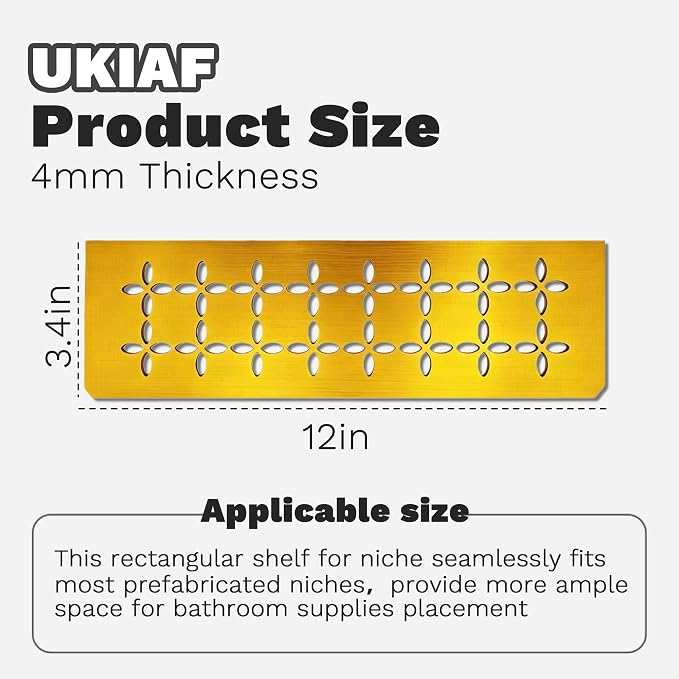 Brushed Orange-Gold Aluminum Material Shower Niche Shelf 12 Inch Rectangular Bathroom Niche Shelf with Floral Design Fits Prefabricated Tile Niches