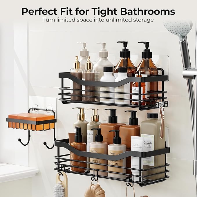 Orimade Shower Caddy Basket Shelf,3-Pack Adhesive Shower Organizer with Soap Dish Holder, No Drilling Wall Mounted Rustproof Stainless Steel Shower Shelves with 7 Hooks,for Bathroom,Matt Black