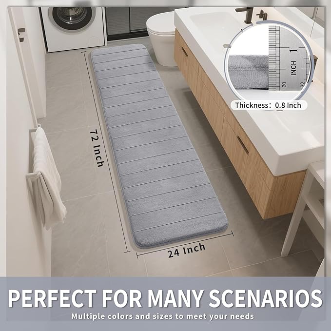 Yimobra Bathroom Runner Rugs 72"x24" Non Slip Washable Memory Foam Bath Mat, Super Soft Water Absorbent Hallway Carpet for Vanity Tub Shower, Gray