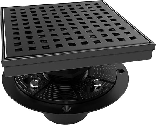 WEBANG 6 Inch Square Shower Drain Black Floor Drain with Flange Square Holes Pattern Cover Grate Removable SUS304 Stainless Steel Watermark&CUPC Certified Matte Black