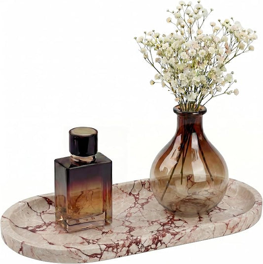 YKAJO Calacatta Viola Pink Oval Marble Tray, 11.8x5.9 Perfume Organizer | Honed natural stone; jewelry & trinket dish, ring & key holder, soap & candle catchall; bath counter, dresser, coffee table