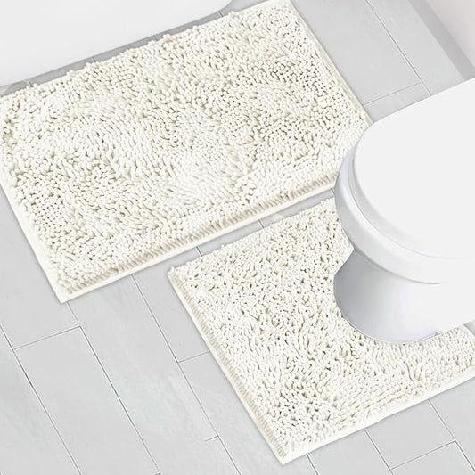 Bathroom Rugs Chenille Bath mat 2 Piece Set, Super Absorbent, Strong PVC Non Slip Backing, Bath mats for Bathroom, Plush Shaggy, Thick, Machine Washable, Bathtub, Shower, Toilet.(White)