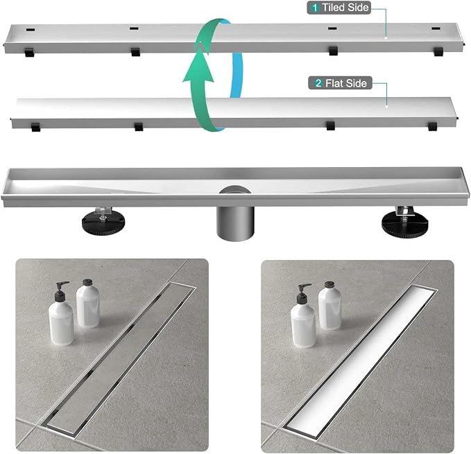 ELLO&ALLO 24 Inch Linear Shower Drain Brushed Nickel, SUS304 Stainless Steel Rectangle Shower Floor Drain with 2-in-1 Flat & Tile Insert Cover