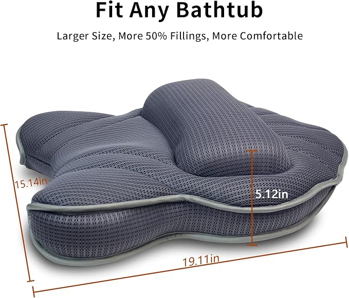 Poemland Extra Thick Large Bath Pillow with Neck,Back,Head Support for Bathtub, Spa, Soaking Gray(19''x15'')