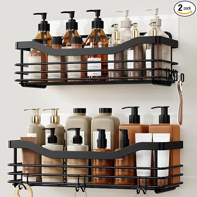 Orimade Adhesive Shower Caddy Shelf with 5 Hooks Organizer Storage Rack Rust Resistant Wall Mounted Stainless Steel No Drilling for Bathroom, Toilet, Kitchen - 2 Pack,Black