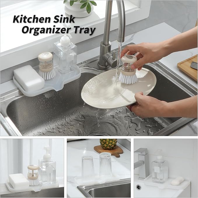 MicoYang Silicone Soap Dish with Drain Spout — Self-Draining Sink Organizer Tray for Bathroom & Kitchen, Sponges, Dispensers & Soap Holder, Non-Slip & Dishwasher Safe, Translucent (Medium, 9.6"×5.3")