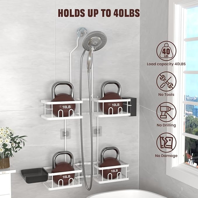 REINHARDT Adjustable Shower Caddy Hanging for Handheld Showerheads, White | Patented Shower Organizer, Rustproof, 40lbs Capacity, Anti-Swing, Tool-Free, Suction Cups, 8 Hooks, Soap & Toothbrush Holder