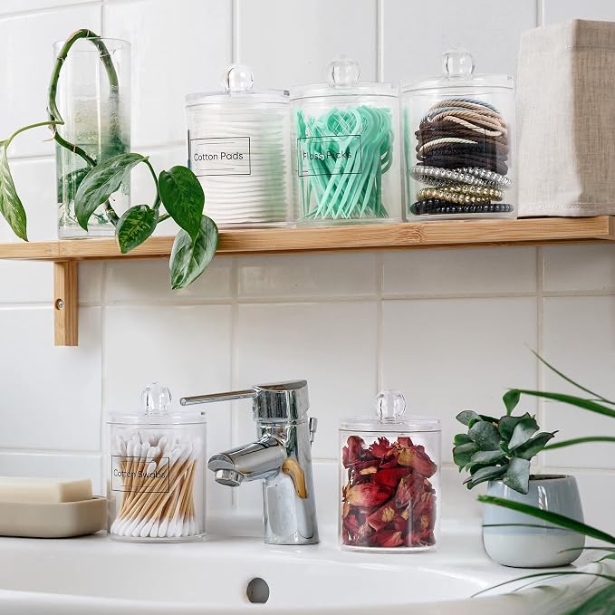 6 Pack Acrylic Qtip Holder Dispenser for Cotton Swabs, Balls, Floss Picks | Thick, Highly Clear, w/ Labels - Small Canister Apothecary Jar Set, Bathroom Decor Essentials, Shelf Vanity Storage Organizer