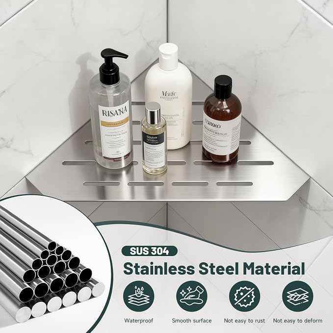 10" Corner Shower Shelf, Recessed Corner Shelves, 304 Stainless Steel Slot Design Bathroom Shower Shelves for Tiled Wall, 2 Pack, Brushed Nickel