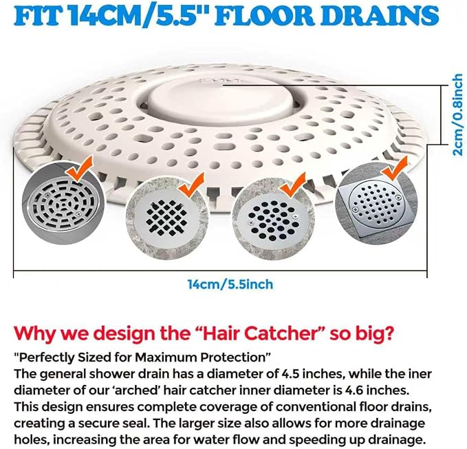 Shower Drain Hair Catcher Silicone Flat Floor Strainer Protector | 2 Pack White Weighted Flat Shower Drain Protectors, Traps Hair Before Clogs, Easy to Clean in Seconds, Fits Flat Floor Drains