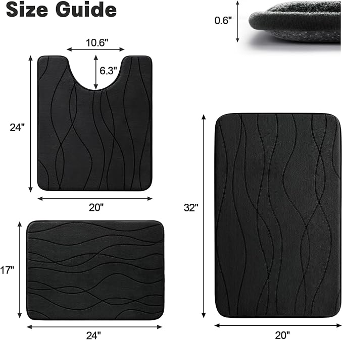 Bathroom Rugs Set 3 Piece, Memory Foam Bath Mat Black | Ultra Soft, Absorbent, Non-Slip, Machine Washable, for Bathroom, Sink and Toilet