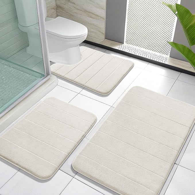 Yimobra Memory Foam Bath Mat Set 3 Pieces- Super Soft Absorbent Quick Dry Bathroom Rug Sets, Machine Washable Non Slip Floor Carpet for Tub Shower, Vanity & Toilet Base, Cream White