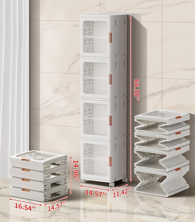 4-Tier Tall Narrow Bathroom Storage Cabinet with Doors and Adjustable Shelves Slim Foldable Cabinets with Wheels Small Spaces Plastic Organizers for Kitchen Laundry Room Bedroom Pantry,White