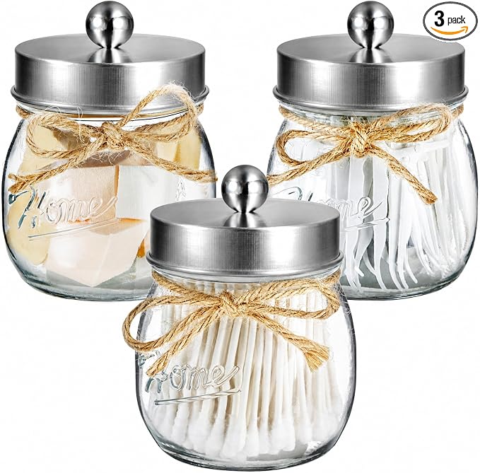 SheeChung 3 Pack Qtip Holder, Contracted Design Bathroom Decor, Apothecary Jars, Mason Jars Bathroom Accessories Set for Cotton Balls, Floss Picks, Cotton Round Pads - Brushed Steel