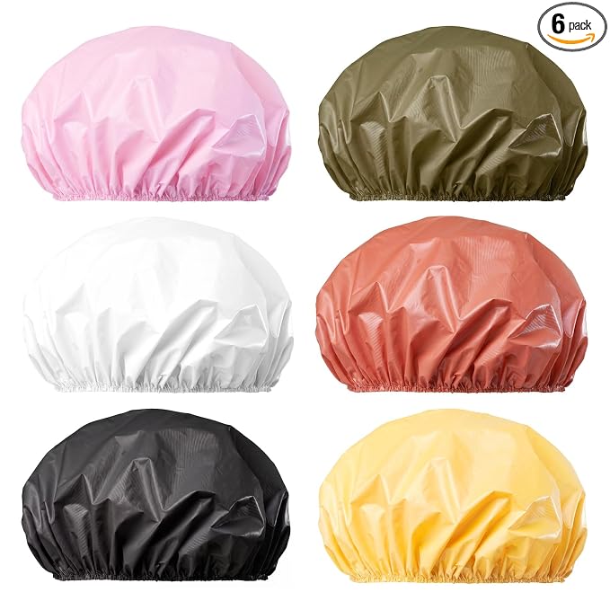6 PCS Shower Capsfor Women, Reusable Waterproof Bath Caps | Double Side PEVA, Bath Accessories, Spa, Travel, Environmental Protection - Black White Pink Yellow Brick Red Dark Green