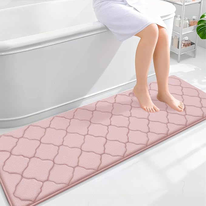 OLANLY Memory Foam Bath Mat Rug 59x20, Ultra Soft Bathroom Rugs, Pink | Thick Absorbent Carpet, Non-Slip Backing, Machine Washable, for Bathroom Floor, Tub, Shower and Home Decor Accessories