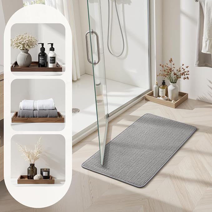 HOMEIDEAS Bathroom Rugs Set 2 Piece Thin Non Slip, Grey 17"x24"+20"x32" | Quick Dry Absorbence Bath Mats, Soft Chenille, Low Profile Fits Under Doors, Ideal for Bathtub, Shower, Elderly and Pets