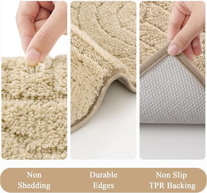 Vaukki Beige Bathroom Rugs Sets 3 Piece, 32x20+26x18+24x20 Inch | Washable Non Slip Soft Bath Mats for Shower and Tub, Plush Absorbent Microfiber Toilet Rug U Shaped