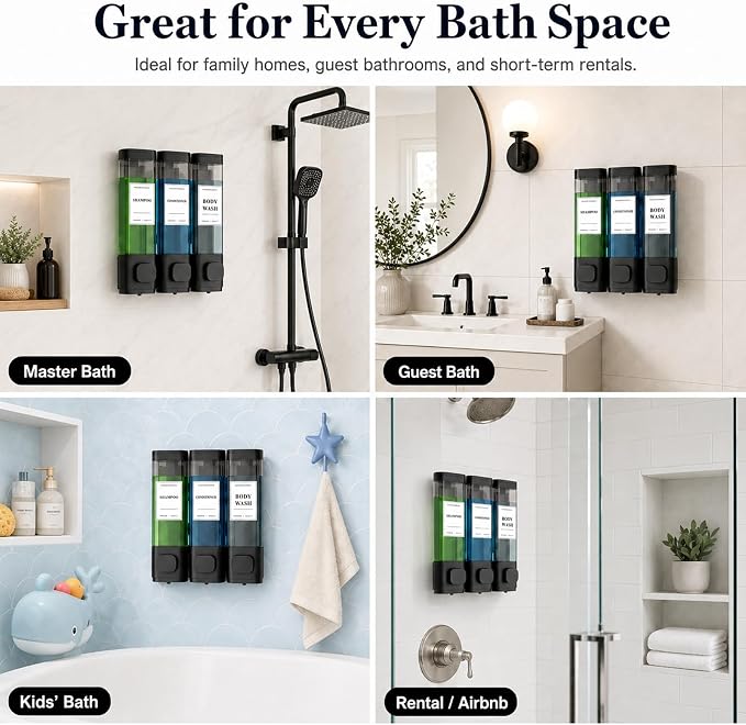 Shampoo and Conditioner Dispenser – Wall-Mounted Shower Soap Dispenser, No-Drill Installation, Lockable, 900 ml Capacity,for Bathroom & Hotel or Airbnb (Black, 3-Pack)