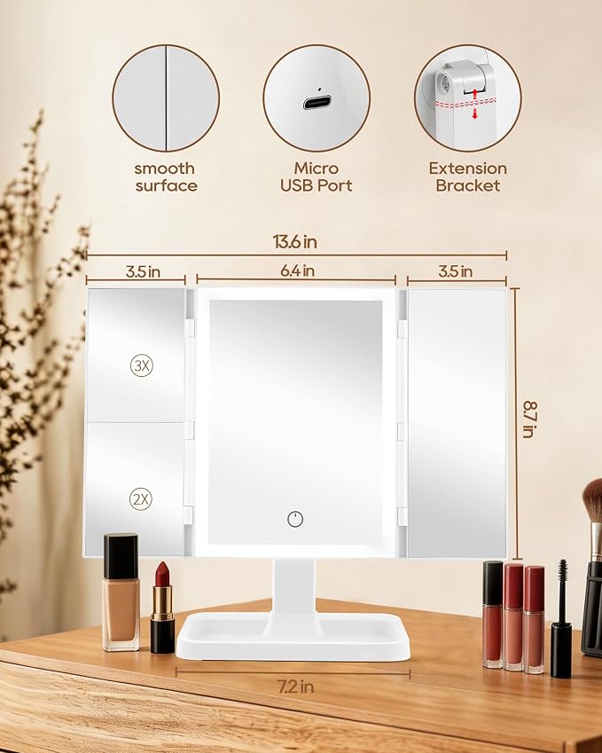 BWLLNI Trifold Vanity Mirror with Lights, Smooth Surface Makeup Mirror | 2X/3X Magnification, 3 Colors Dimmable, 270° Rotation, Height Adjustable Stand with Storage Base