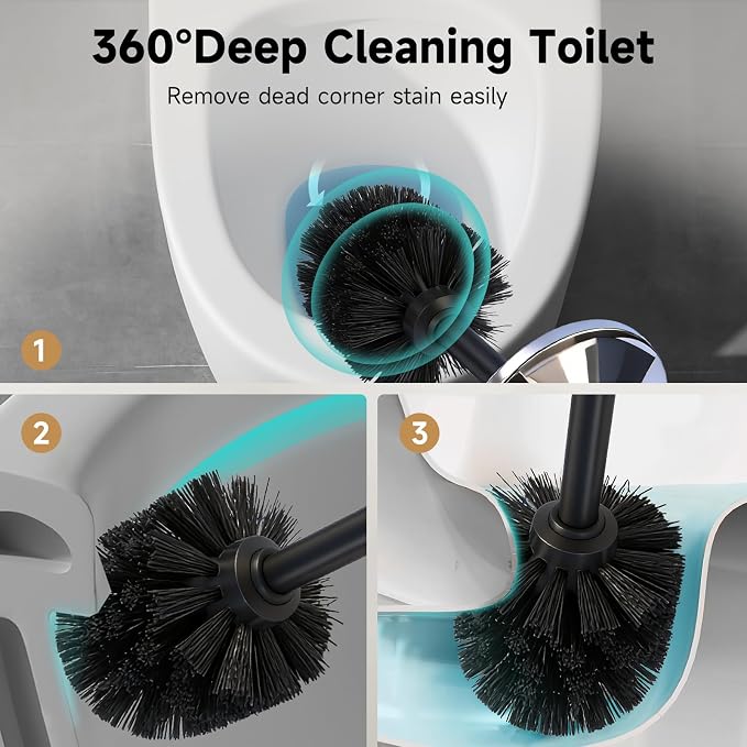 Silver Toilet Brush and Holder，Extra Long Handled Toilet Brush for Bathroom，Stainless Steel Heavy Duty Toilet Bowl Brush,Deep Cleaning Modern Toilet Cleaner Brush -Space Saving, Covered Brush