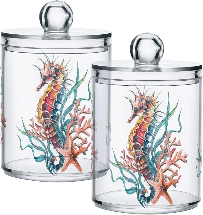 4 Pack Qtip Holder Dispenser Seahorse Starfish Watercolor Ocean Cotton Ball Cotton Swab Cotton Round Pads Floss Clear Bathroom Storage Containers Plastic Apothecary Jars with Lids