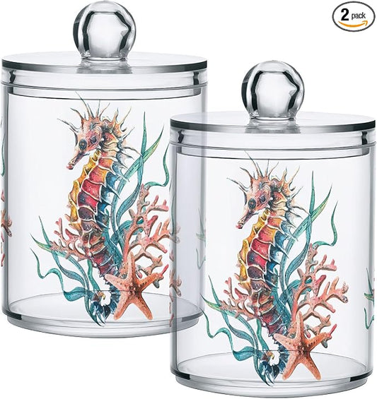 2 Pack Qtip Holder Dispenser for Cotton Ball Seahorse Starfish Watercolor Ocean Cotton Swab Cotton Round Pads Clear Plastic Acrylic Jar Set Bathroom Canister