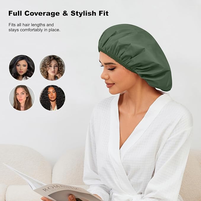 2 Pack Shower Caps for Women, Reusable Waterproof Shower Cap with Elastic Band, Thickened Waterproof Fabric Shower Bonnet for Braids, Long Hair