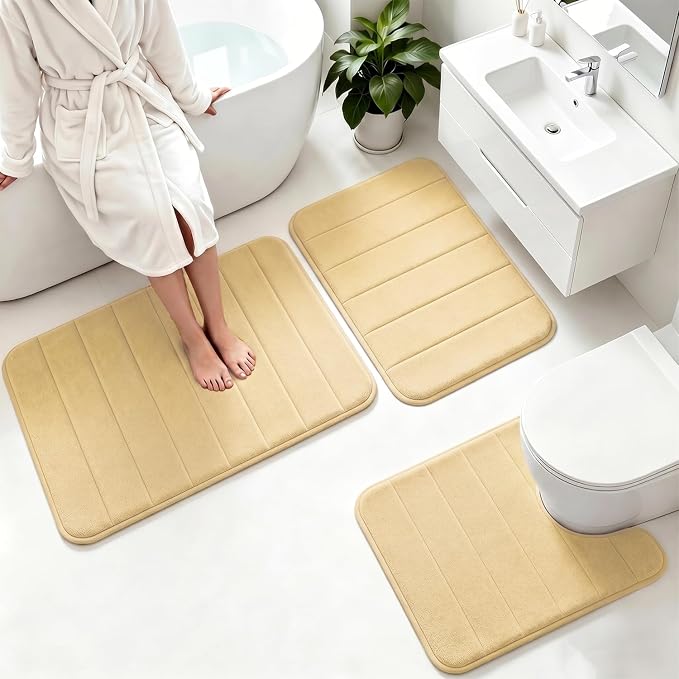 Memory Foam Bath Mat Set 3 Piece，Super Soft Absorbent Bathroom Rug Non Slip, Quick Dry,Machine Wash, Perfect Plush Bathroom Rugs,Home Decor Accessories,Beige