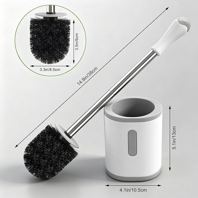 AONEZ Compact Toilet Brush & Holder, Stainless Steel Handle, Space Saving for Storage, Deep Cleaning, Drip-Proof, Easy to Assemble, Nylon Bristles, White & Grey | Stainless Steel Handle; Easy to Hide; Space Saving for Storage; Drip-Proof; Easy to Assem...