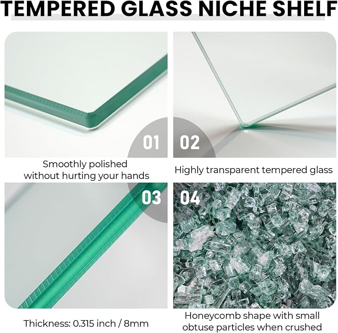 11.81” Tempered Glass Niche Shelf with 4 Small Brackets for Tile Niches Wooden Niches 8mm Thick Shower Niche Shelf for Bathroom Kitchen Cabinet