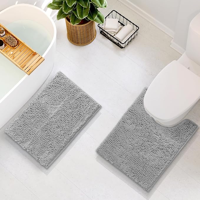 Hearth & Harbor Bathroom Rugs, Chenille Bath Mat - Machine Washable Bath Mats for Bathroom Non-Slip Backing Rubber, Quick Dry Bathroom Mat - Silver 17x24-20x24