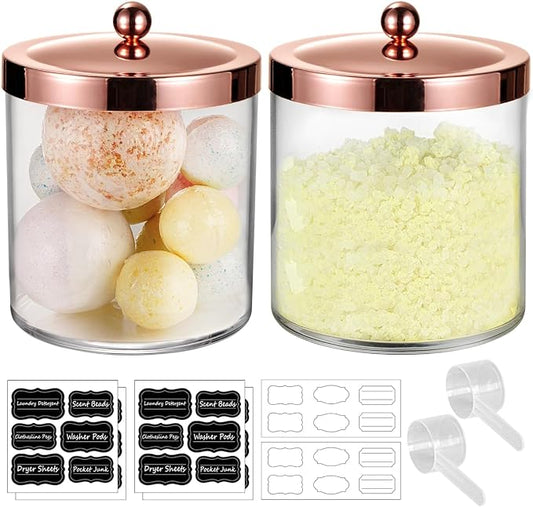 2 Pack SheeChung 50oz Large Apothecary Jar with Rose Gold Rust-Proof Lid - Shatterproof Plastic Laundry Pods Container - Chic Rose Gold Bathroom & Vanity Storage Organizer for Scent Beads, Salts