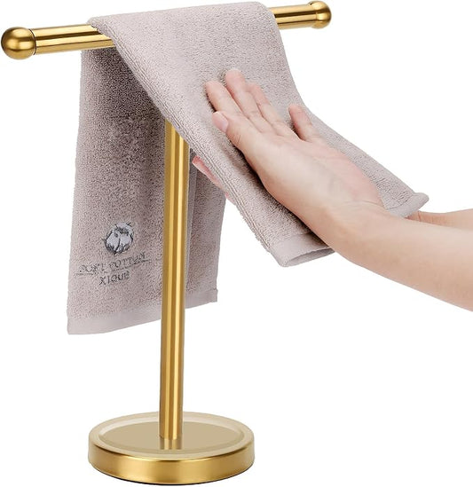 Gold Hand Towel Holder Stand with Heavy Stainless Steel Base, T-Shape Towel Rack, Free-Standing Towel Holder Countertop for Bathroom (Brushed Gold)