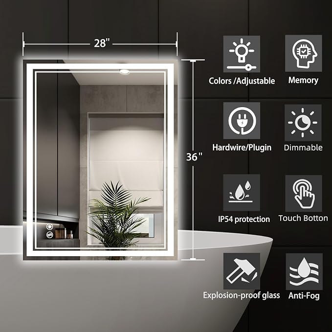 28 x 36'' Bathroom Mirror with Lights, Anti-Fog, Fogless | Dimmable 3 Colors Bathroom Mirror, Touch Sensor, Smart Vanity Mirror, Switch/Plug in Wall Mounted, Horizontal/Vertical